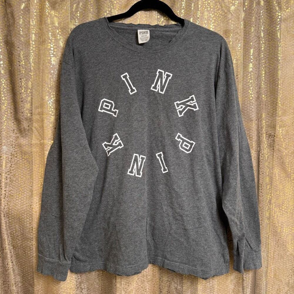 PINK Victorias Secret Charcoal Gray Distressed‎ Long Sleeve T Shirt Large